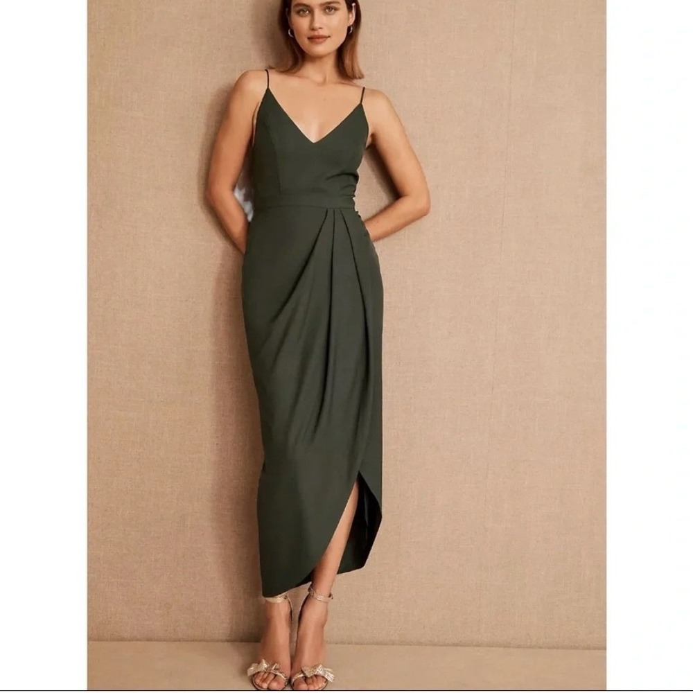 BHLDN Anthropologie Anabela V-neck Crepe Dress Forest Green SZ10 Bridesmaid